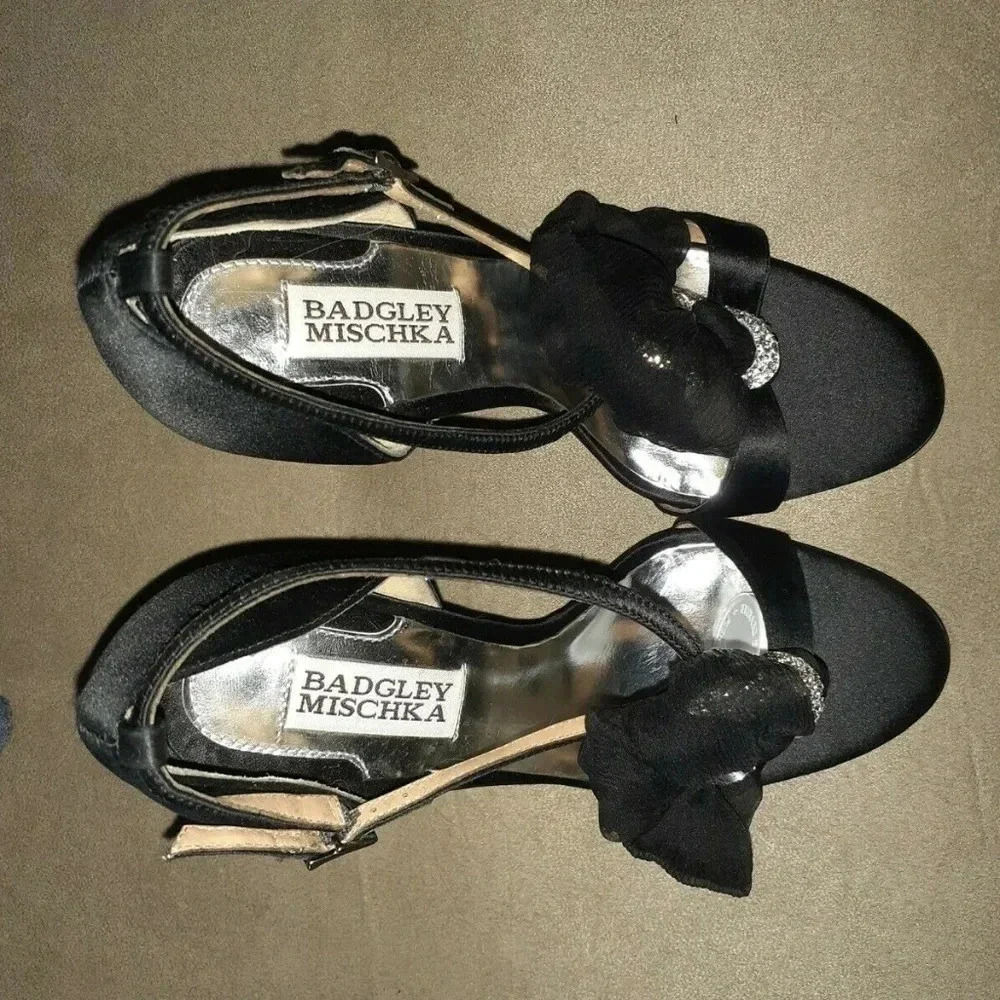 BADGLEY MISCHKA-Black Silk Satin-Jeweled D'Orsay - Picture 5 of 6